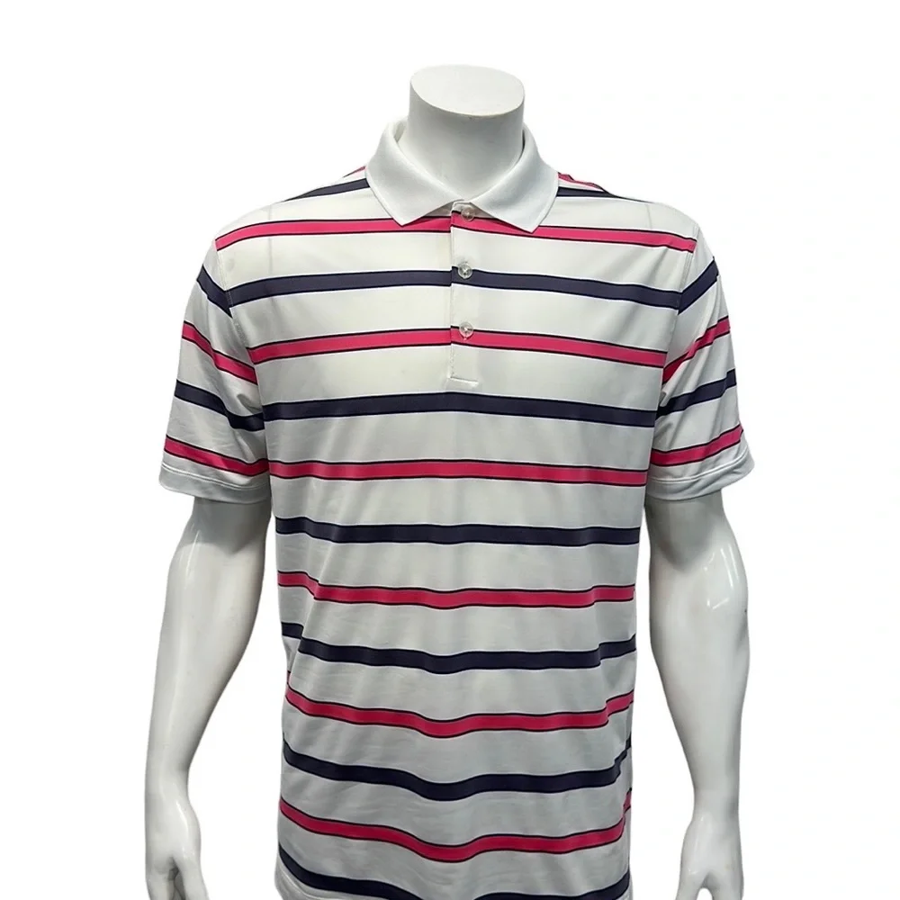Nike Golf Dri Fit Tour Performance White Pink Purple Stripe Polo Shirt Medium
